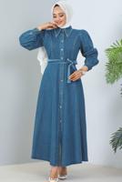 Tesettür giyim LACİVERT KUŞAKLI KOT ELBİSE T 1086