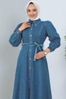 Tesettür giyim LACİVERT KUŞAKLI KOT ELBİSE T 1086