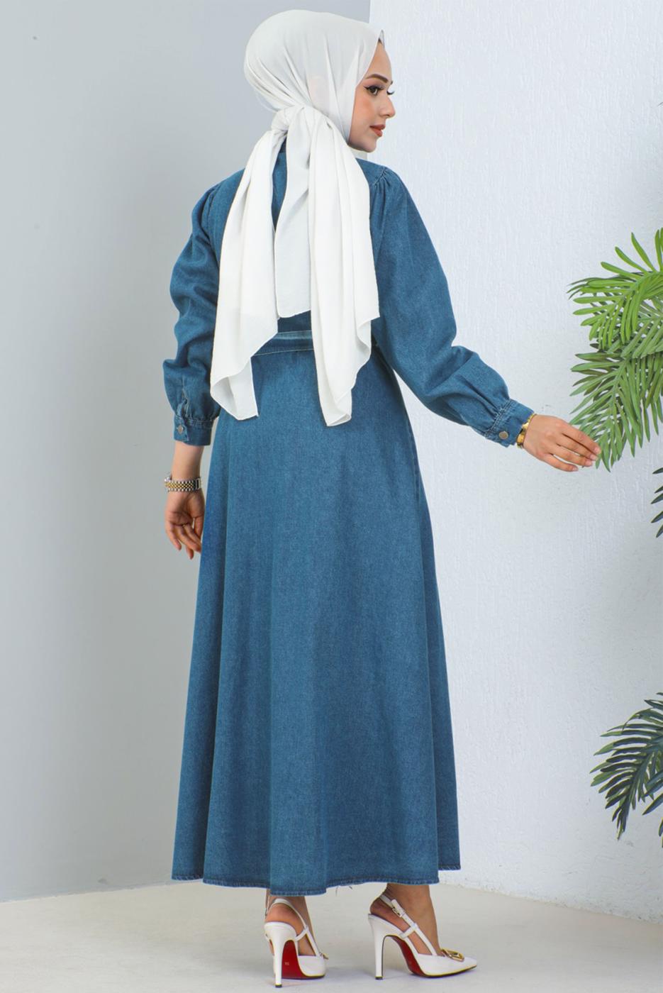 Tesettür giyim LACİVERT KUŞAKLI KOT ELBİSE T 1086