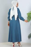 Tesettür giyim LACİVERT KUŞAKLI KOT ELBİSE T 1086