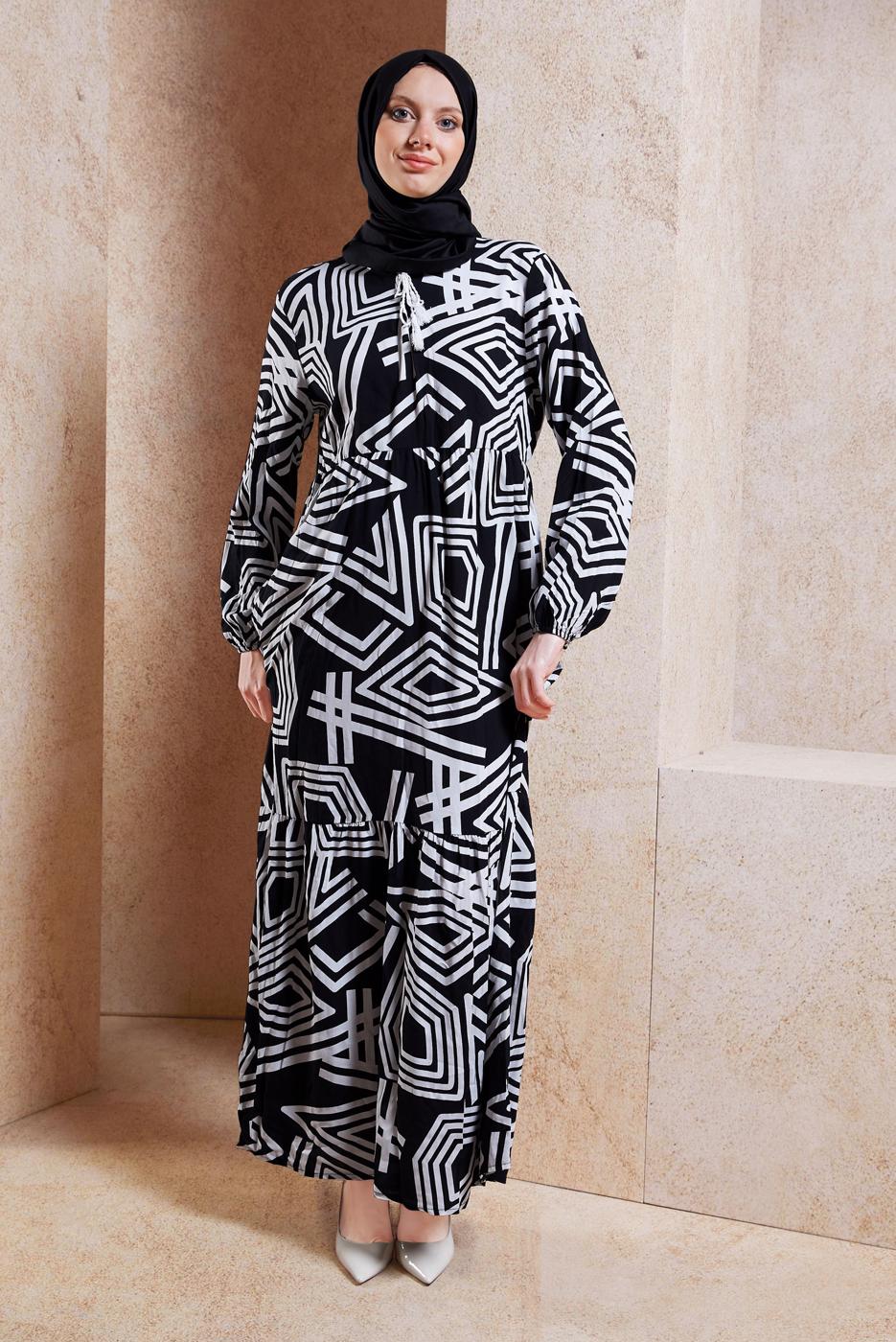 Vêtements hijab NOIR ROBE EN VISCOSE À MOTIFS T 1347