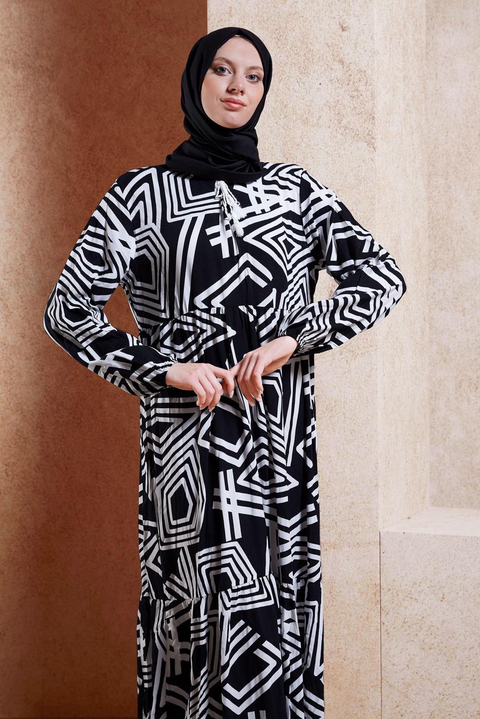 Vêtements hijab NOIR ROBE EN VISCOSE À MOTIFS T 1347