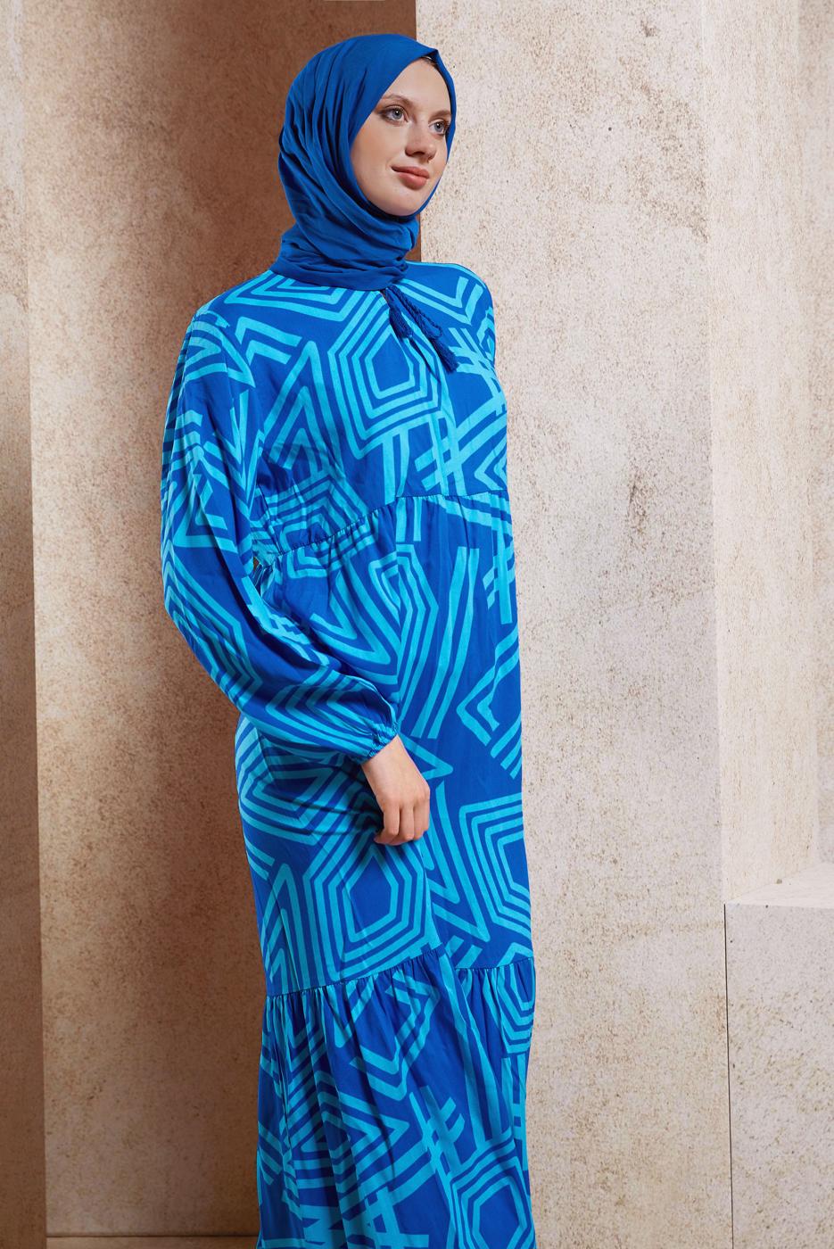 Vêtements hijab BLEU ROBE EN VISCOSE À MOTIFS T 1347