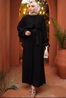 Tesettür giyim SİYAH KUŞAKLI ELBİSE T 1502