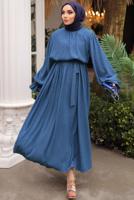 Tesettür giyim LACİVERT KUŞAKLI ELBİSE T 1502