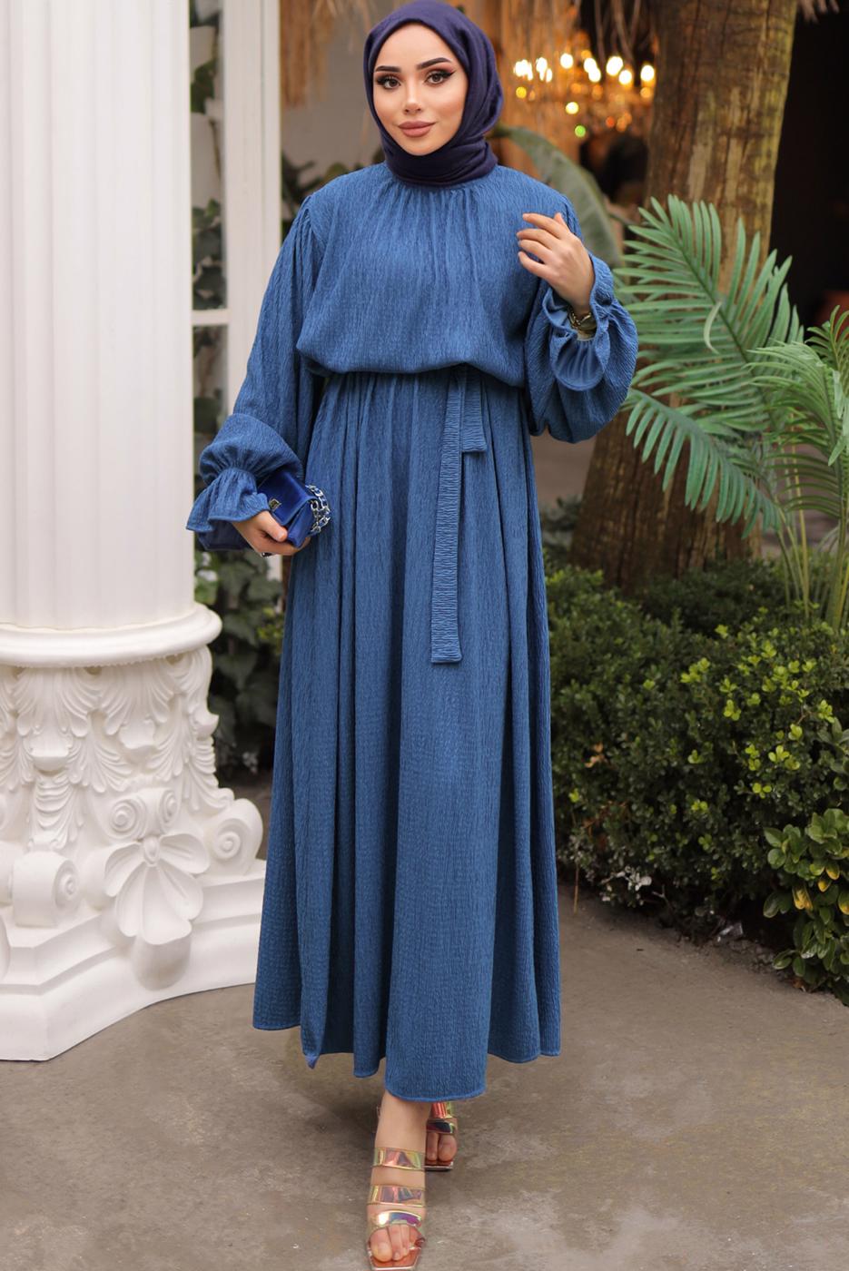 Tesettür giyim LACİVERT KUŞAKLI ELBİSE T 1502