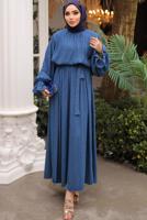 Tesettür giyim LACİVERT KUŞAKLI ELBİSE T 1502