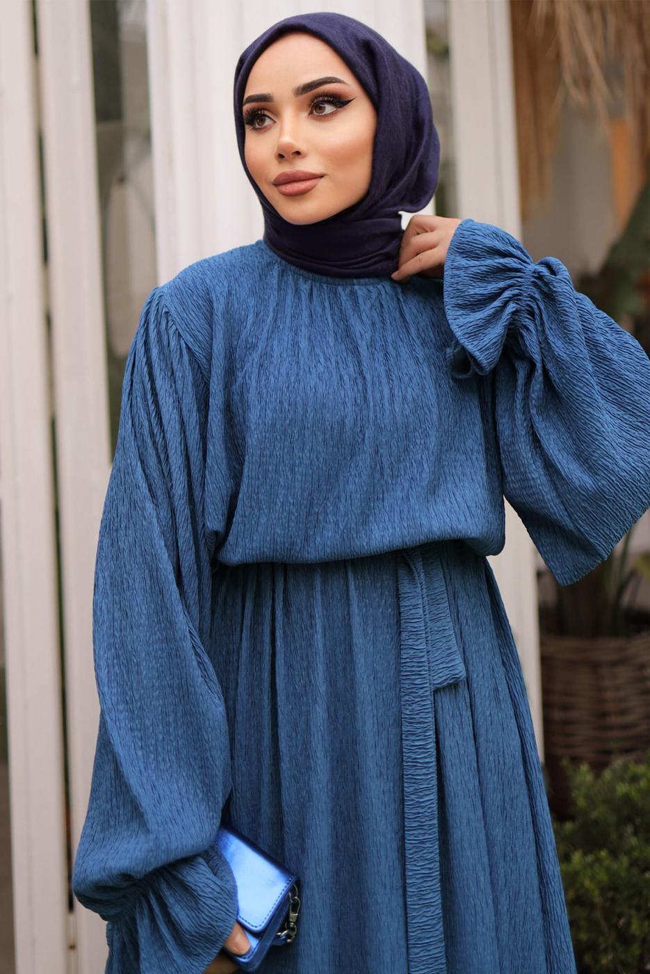 Tesettür giyim LACİVERT KUŞAKLI ELBİSE T 1502