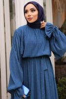 Tesettür giyim LACİVERT KUŞAKLI ELBİSE T 1502