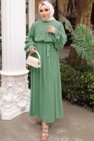 Tesettür giyim YEŞİL KUŞAKLI ELBİSE T 1502