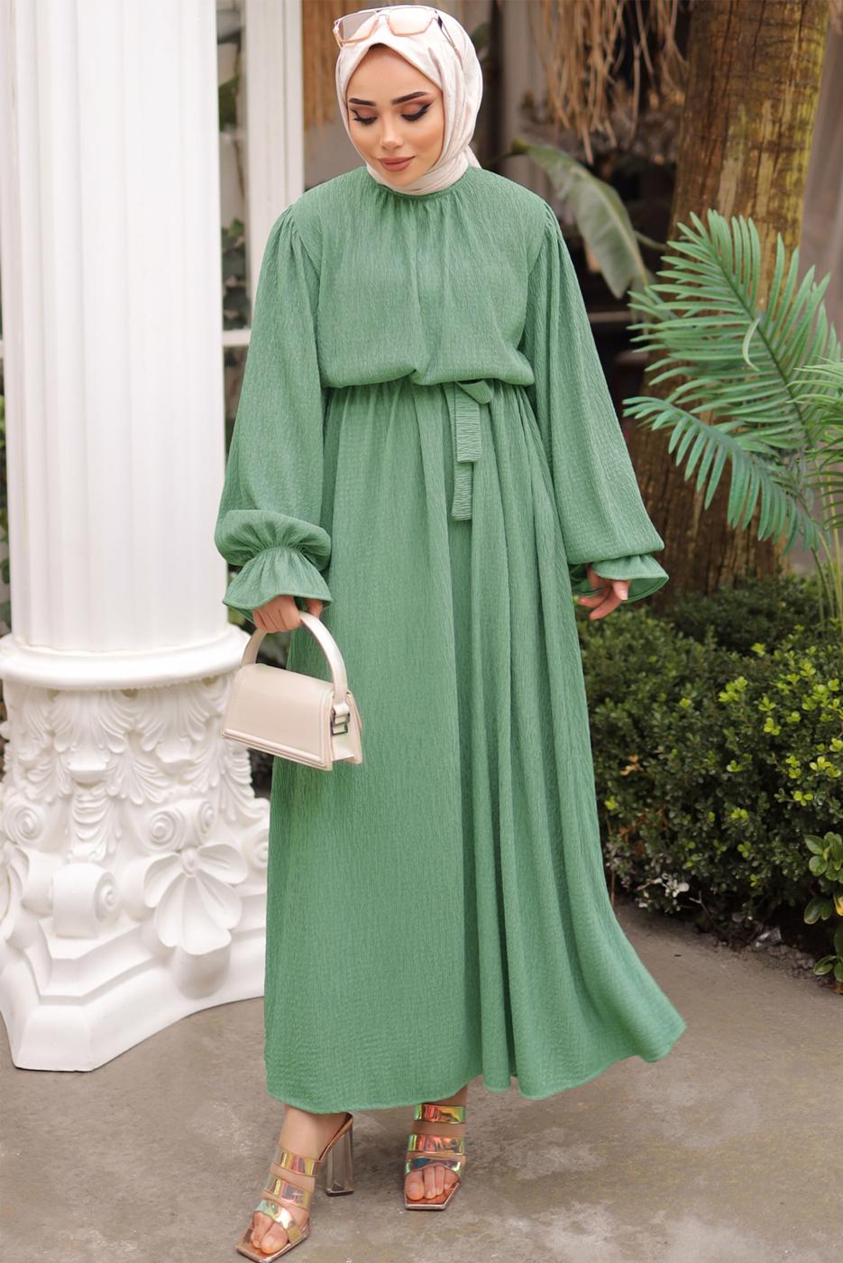 Tesettür giyim YEŞİL KUŞAKLI ELBİSE T 1502