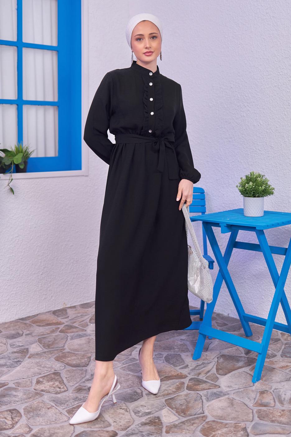 Tesettür giyim SİYAH KUŞAKLI ELBİSE T 1583