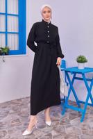 Tesettür giyim SİYAH KUŞAKLI ELBİSE T 1583