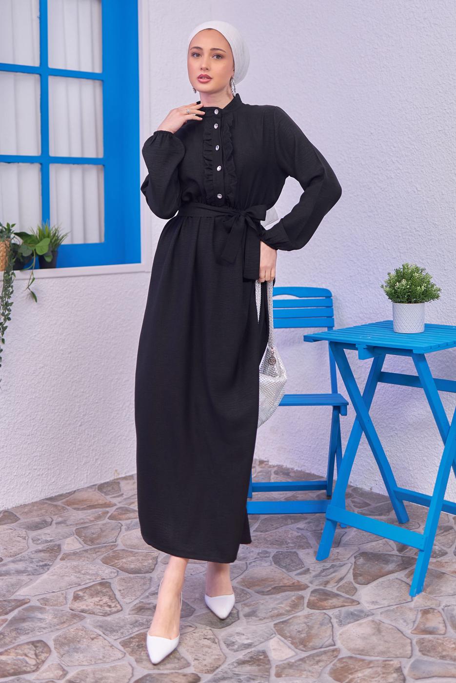 Tesettür giyim SİYAH KUŞAKLI ELBİSE T 1583