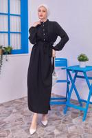 Tesettür giyim SİYAH KUŞAKLI ELBİSE T 1583