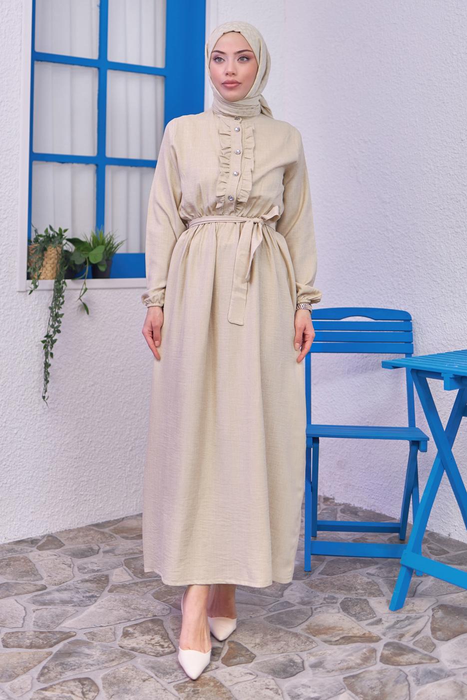 Tesettür giyim BEJ KUŞAKLI ELBİSE T 1583