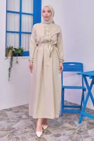 Tesettür giyim BEJ KUŞAKLI ELBİSE T 1583