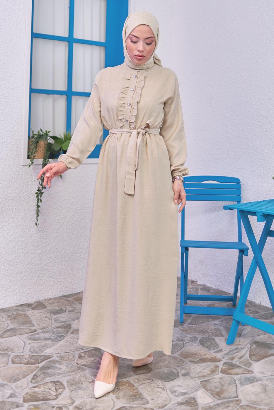 Tesettür giyim BEJ KUŞAKLI ELBİSE T 1583