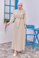 Tesettür giyim BEJ KUŞAKLI ELBİSE T 1583
