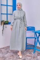 Tesettür giyim GRİ KUŞAKLI ELBİSE T 1583