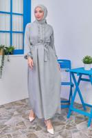 Tesettür giyim GRİ KUŞAKLI ELBİSE T 1583