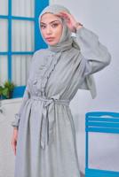 Tesettür giyim GRİ KUŞAKLI ELBİSE T 1583