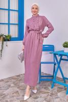 Tesettür giyim MOR KUŞAKLI ELBİSE T 1583