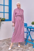 Tesettür giyim MOR KUŞAKLI ELBİSE T 1583