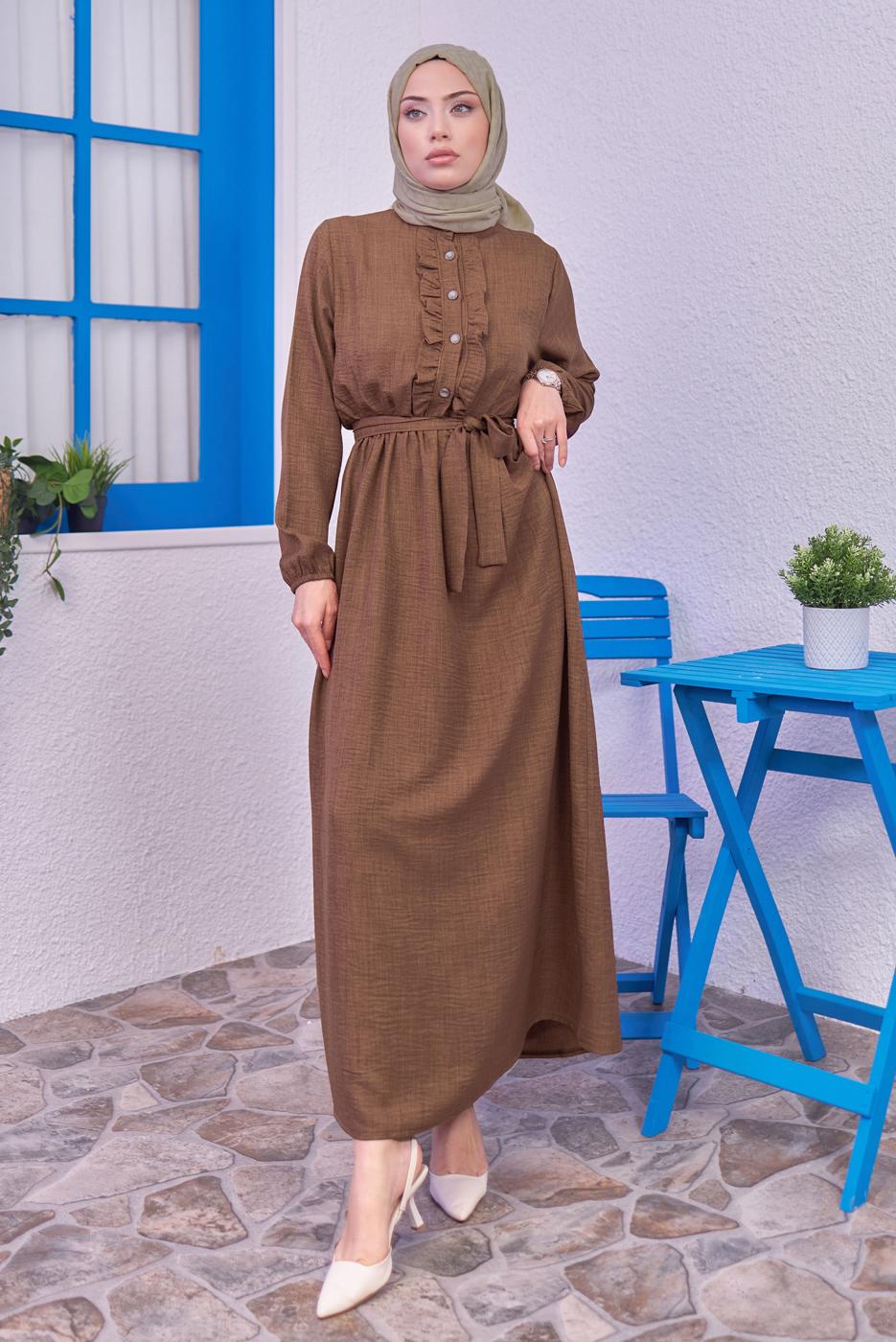Tesettür giyim KAHVE KUŞAKLI ELBİSE T 1583