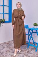 Tesettür giyim KAHVE KUŞAKLI ELBİSE T 1583