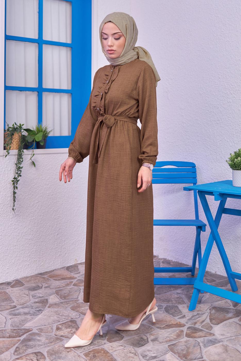 Tesettür giyim KAHVE KUŞAKLI ELBİSE T 1583