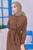 Tesettür giyim KAHVE KUŞAKLI ELBİSE T 1583