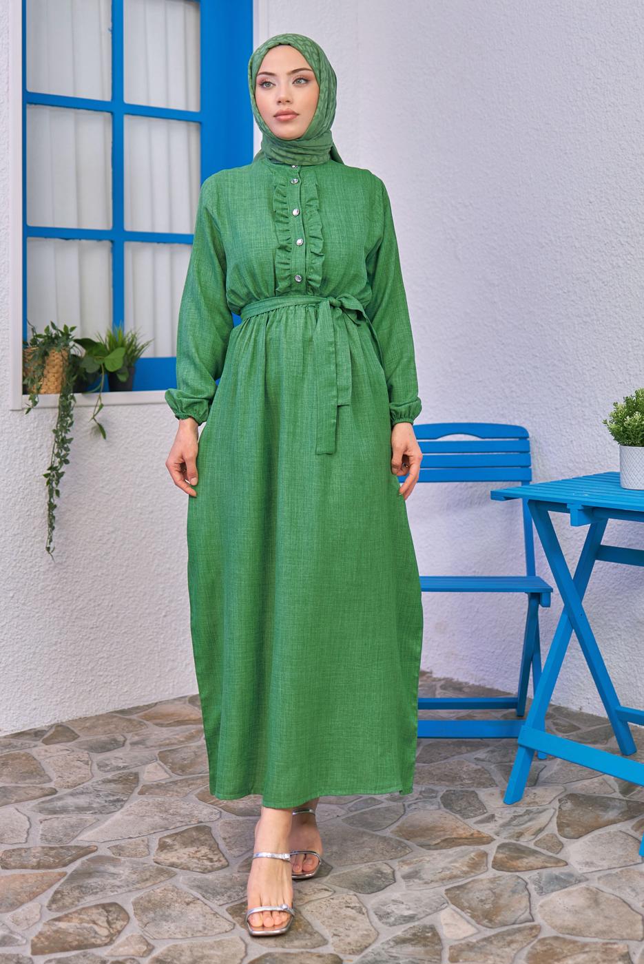 Tesettür giyim YEŞİL KUŞAKLI ELBİSE T 1583