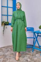 Tesettür giyim YEŞİL KUŞAKLI ELBİSE T 1583