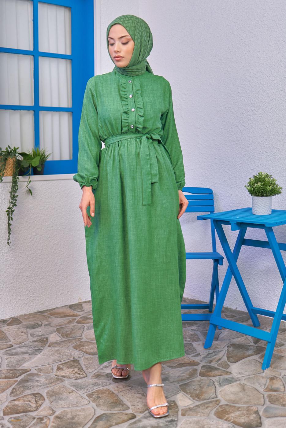 Tesettür giyim YEŞİL KUŞAKLI ELBİSE T 1583