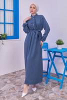 Tesettür giyim LACİVERT KUŞAKLI ELBİSE T 1583