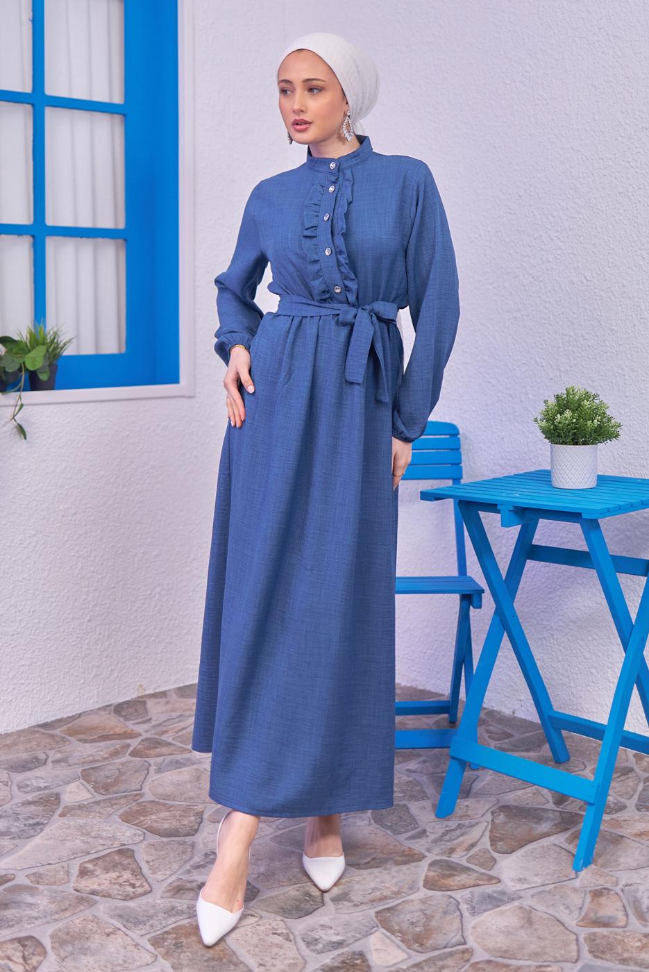 Tesettür giyim LACİVERT KUŞAKLI ELBİSE T 1583
