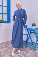 Tesettür giyim LACİVERT KUŞAKLI ELBİSE T 1583