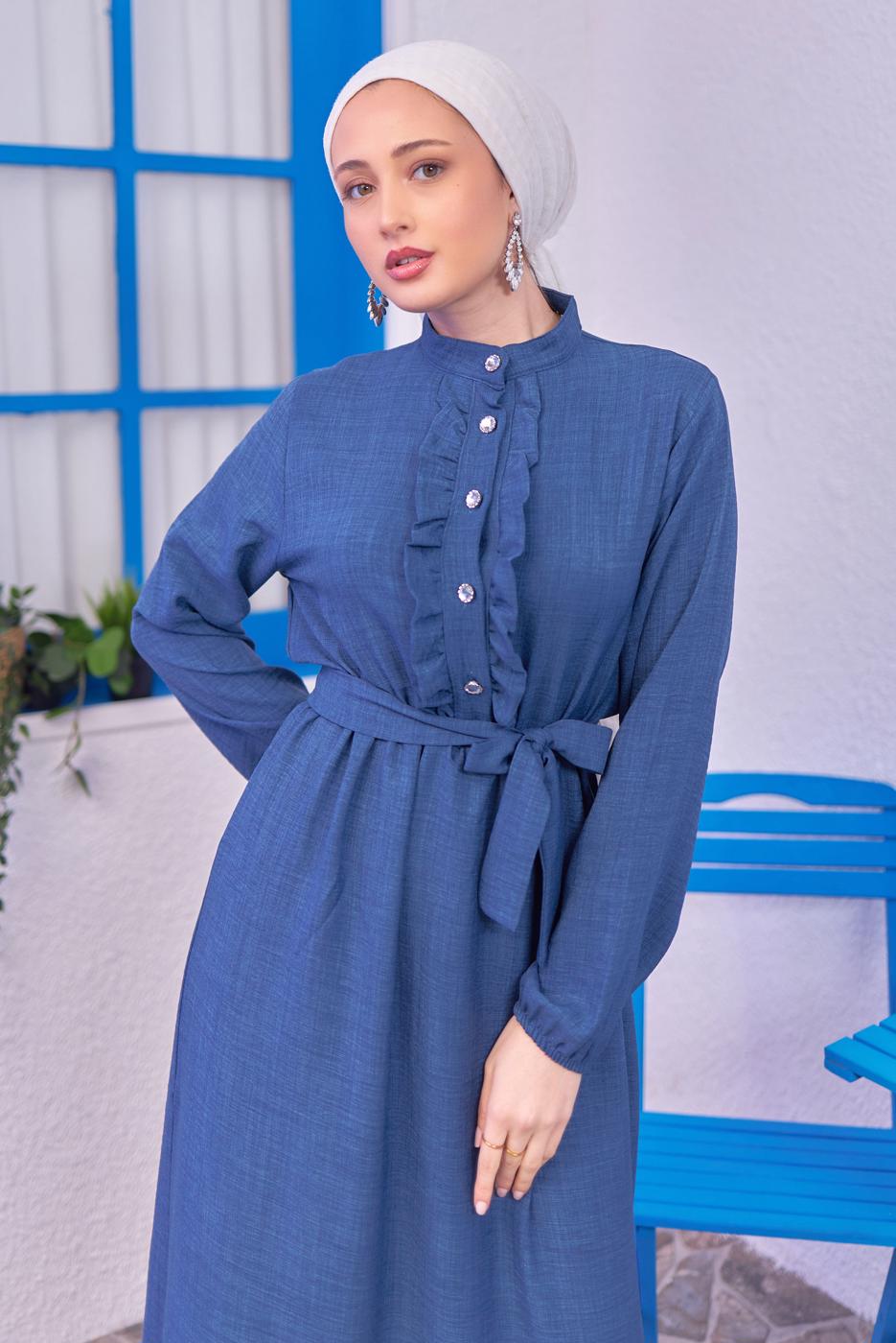Tesettür giyim LACİVERT KUŞAKLI ELBİSE T 1583