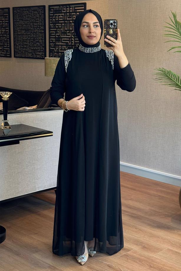 Vêtements hijab NOIR ROBE BRODÉE GEM AVEC GILET T 1628 - TRENDTESETTÜR