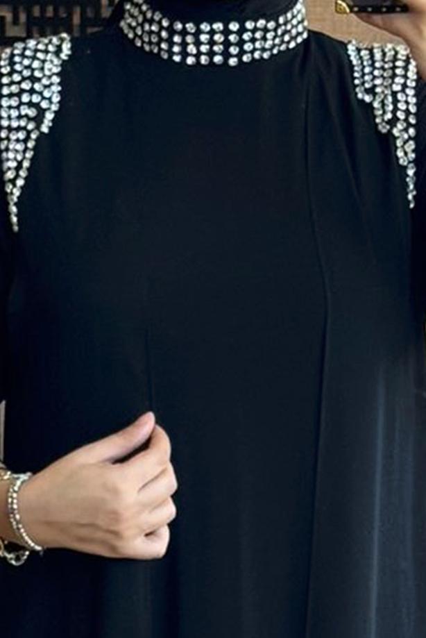 Vêtements hijab NOIR ROBE BRODÉE GEM AVEC GILET T 1628 - TRENDTESETTÜR