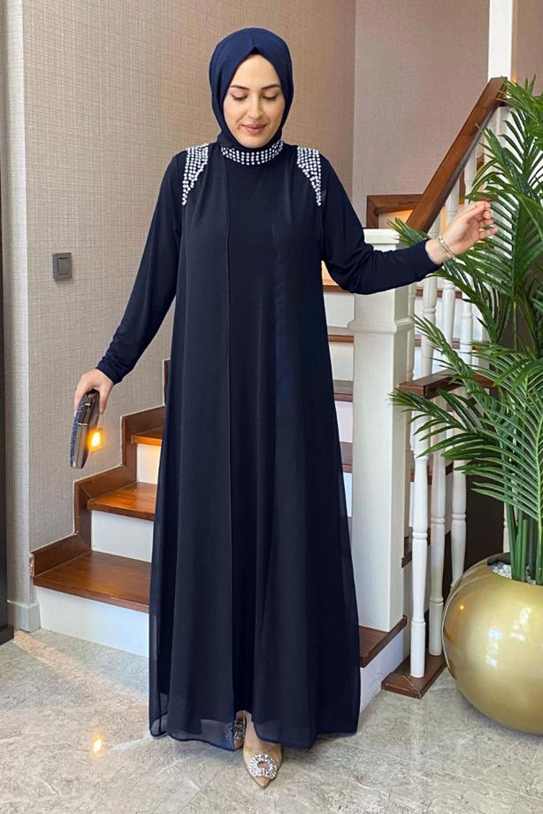 Vêtements hijab BLEU MARINE ROBE BRODÉE GEM AVEC GILET T 1628 - TRENDTESETTÜR