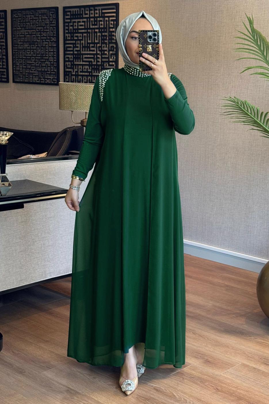 Vêtements hijab VERT ROBE BRODÉE GEM AVEC GILET T 1628