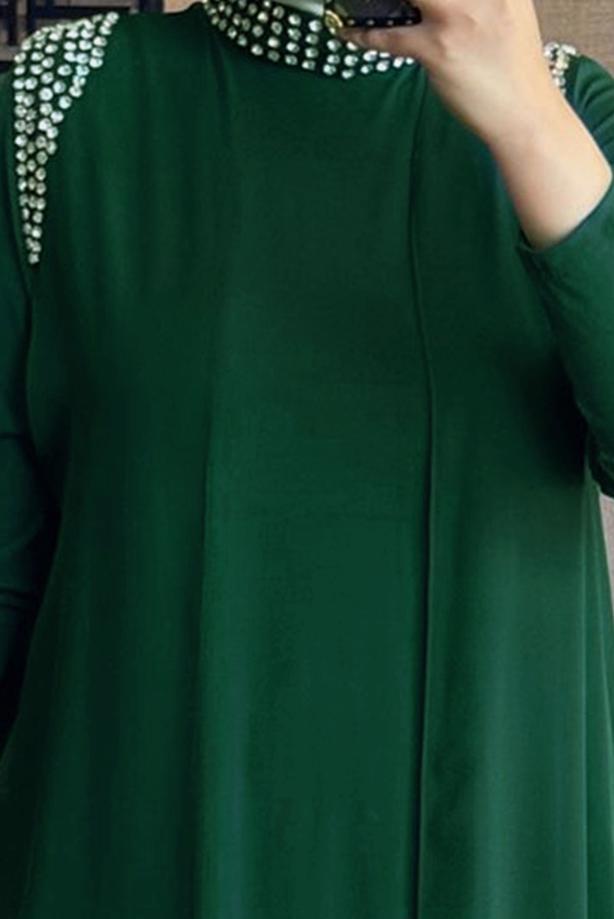 Vêtements hijab VERT ROBE BRODÉE GEM AVEC GILET T 1628 - TRENDTESETTÜR