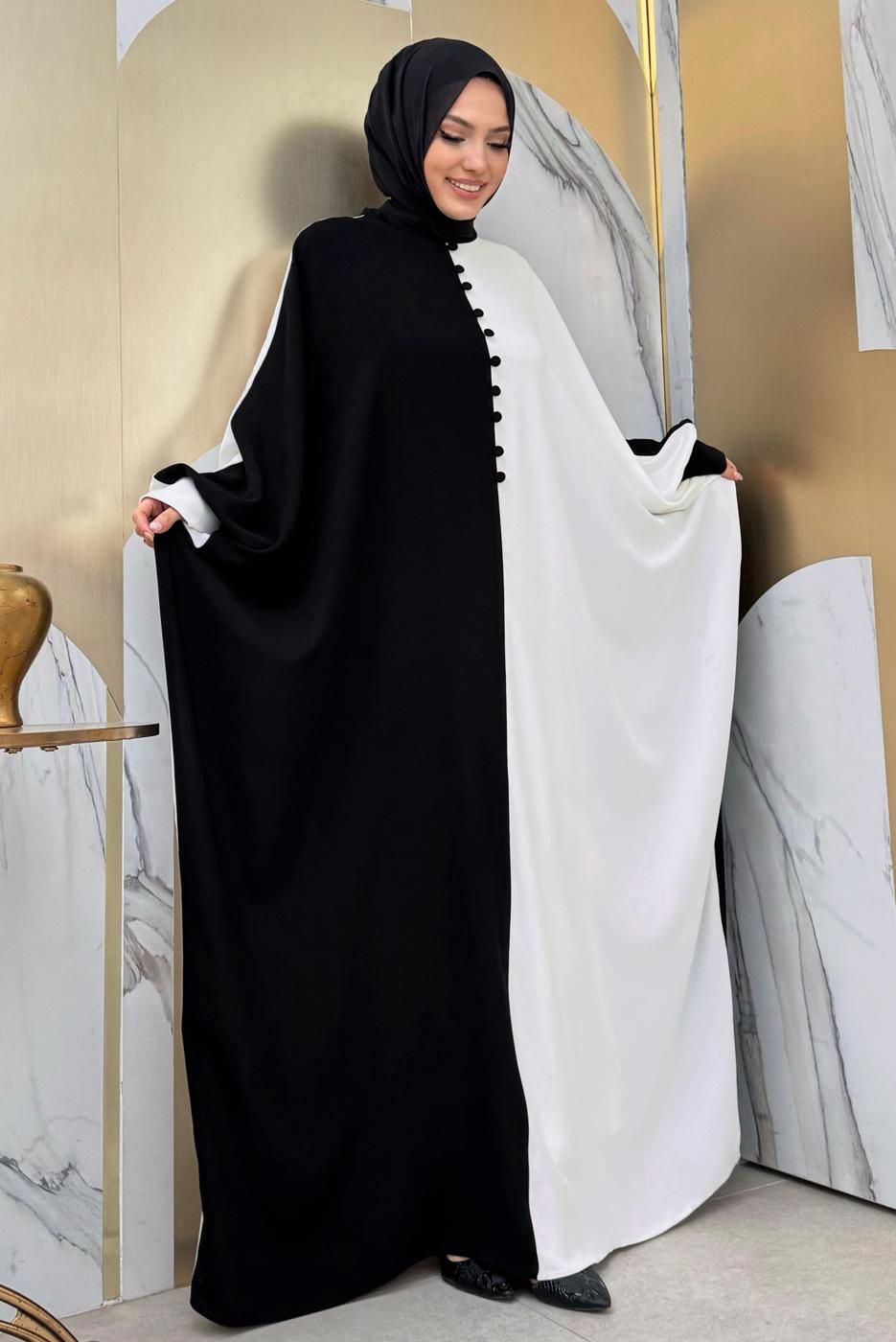 Tesettür giyim SİYAH İKİ RENKLİ ELBİSE T 1683