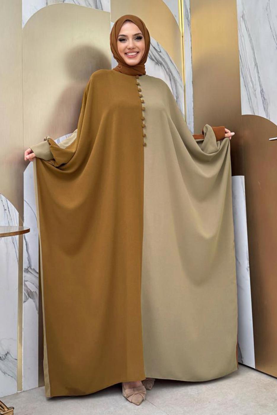 Tesettür giyim TABA İKİ RENKLİ ELBİSE T 1683