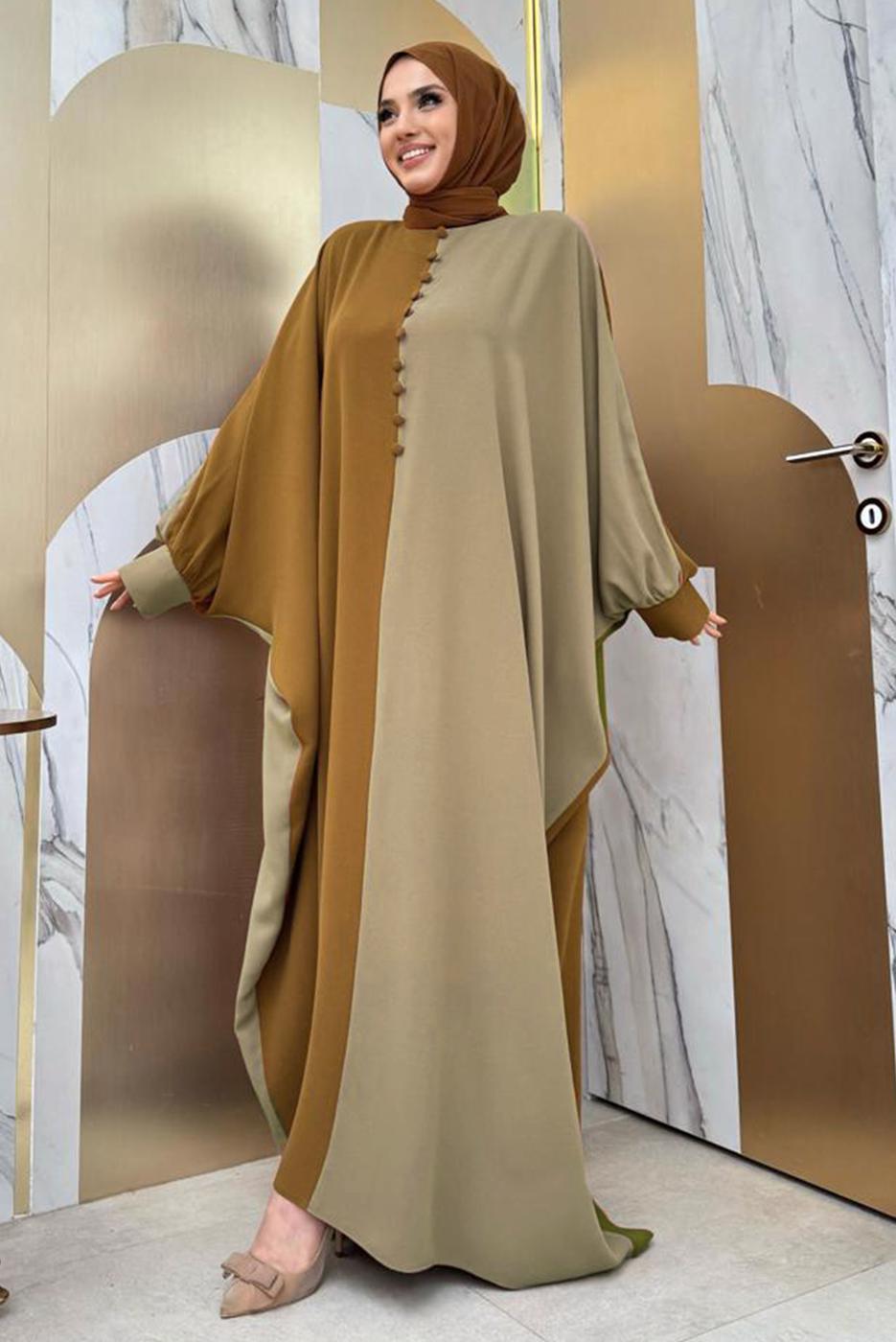 Tesettür giyim TABA İKİ RENKLİ ELBİSE T 1683