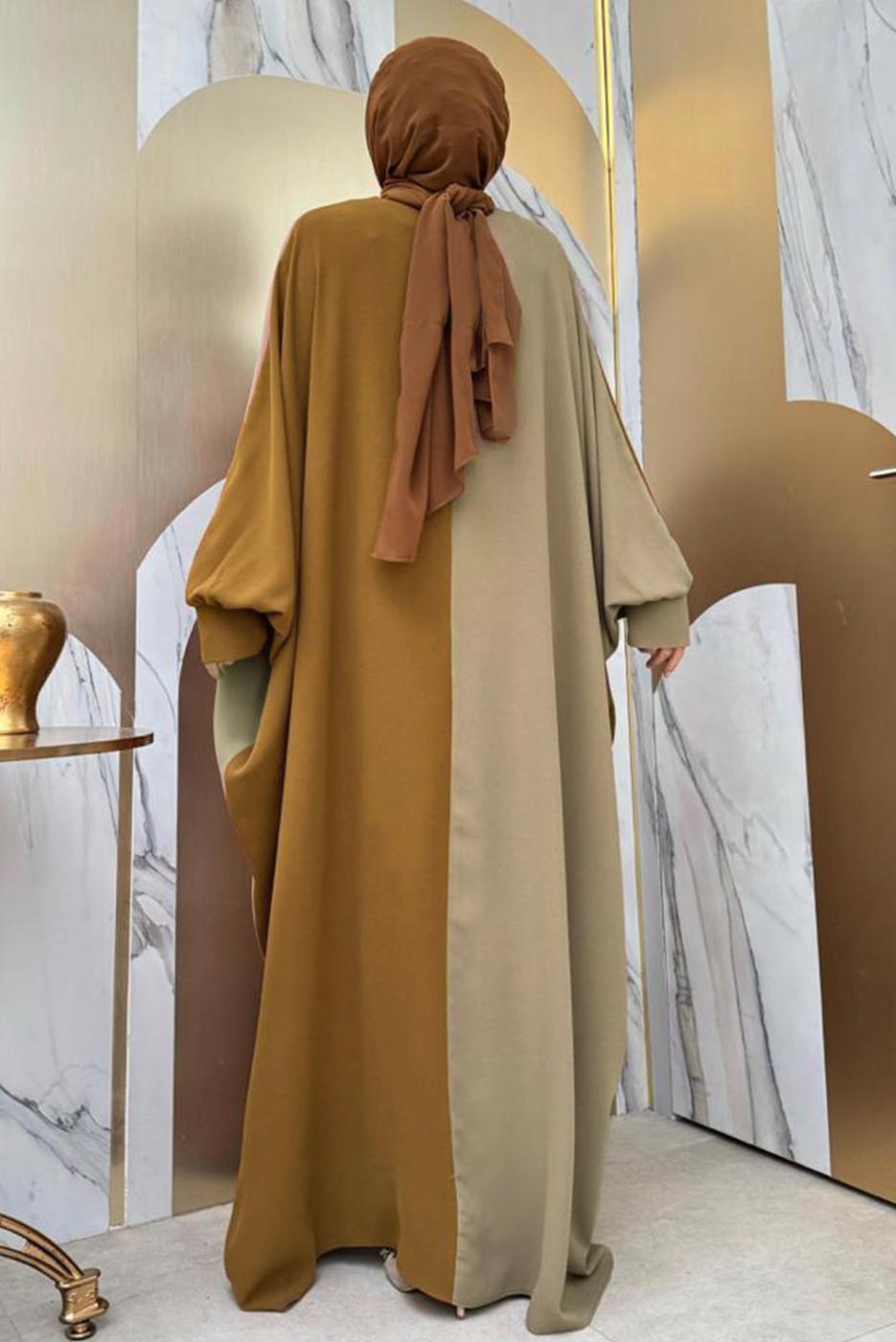 Tesettür giyim TABA İKİ RENKLİ ELBİSE T 1683