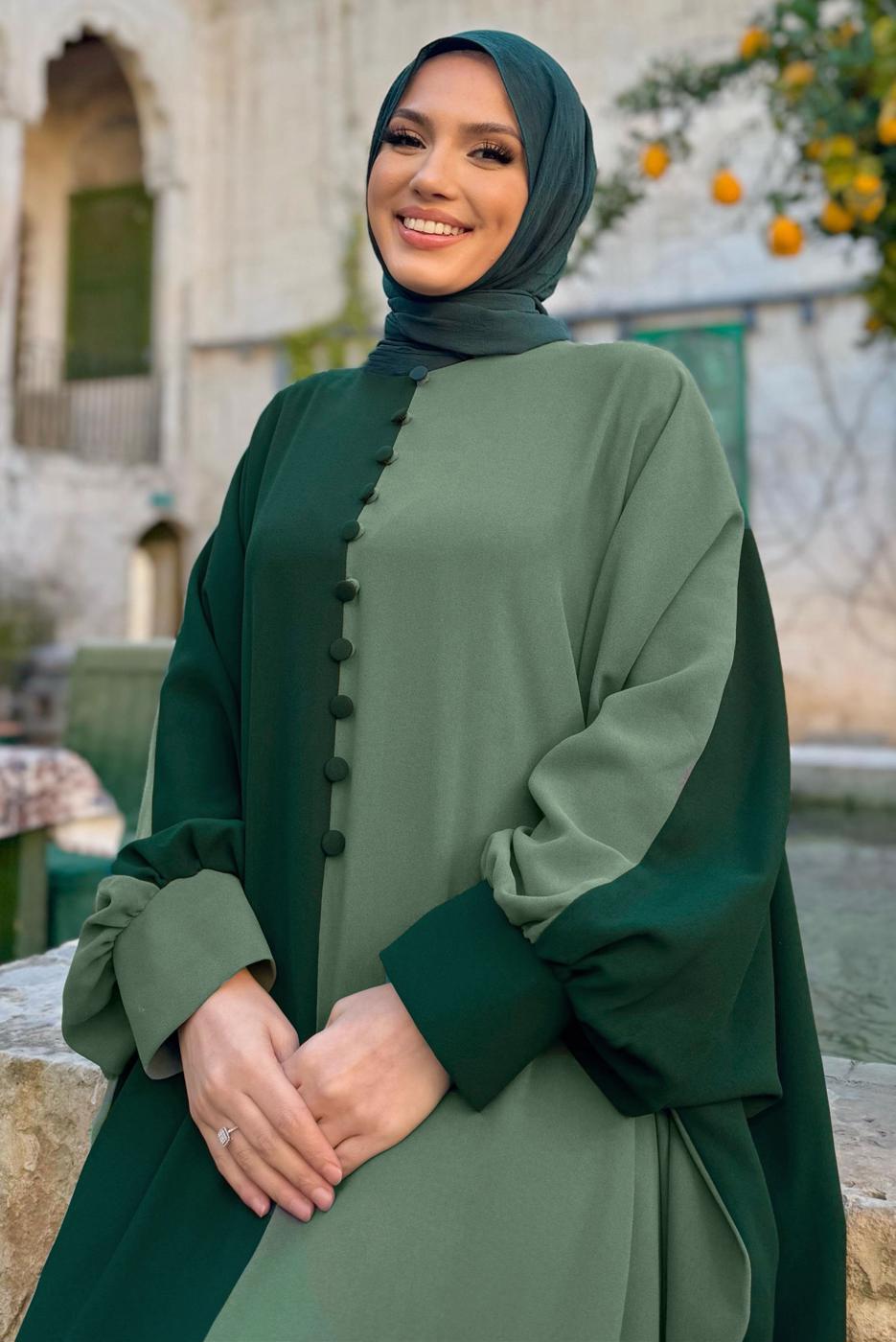 Tesettür giyim YEŞİL İKİ RENKLİ ELBİSE T 1683