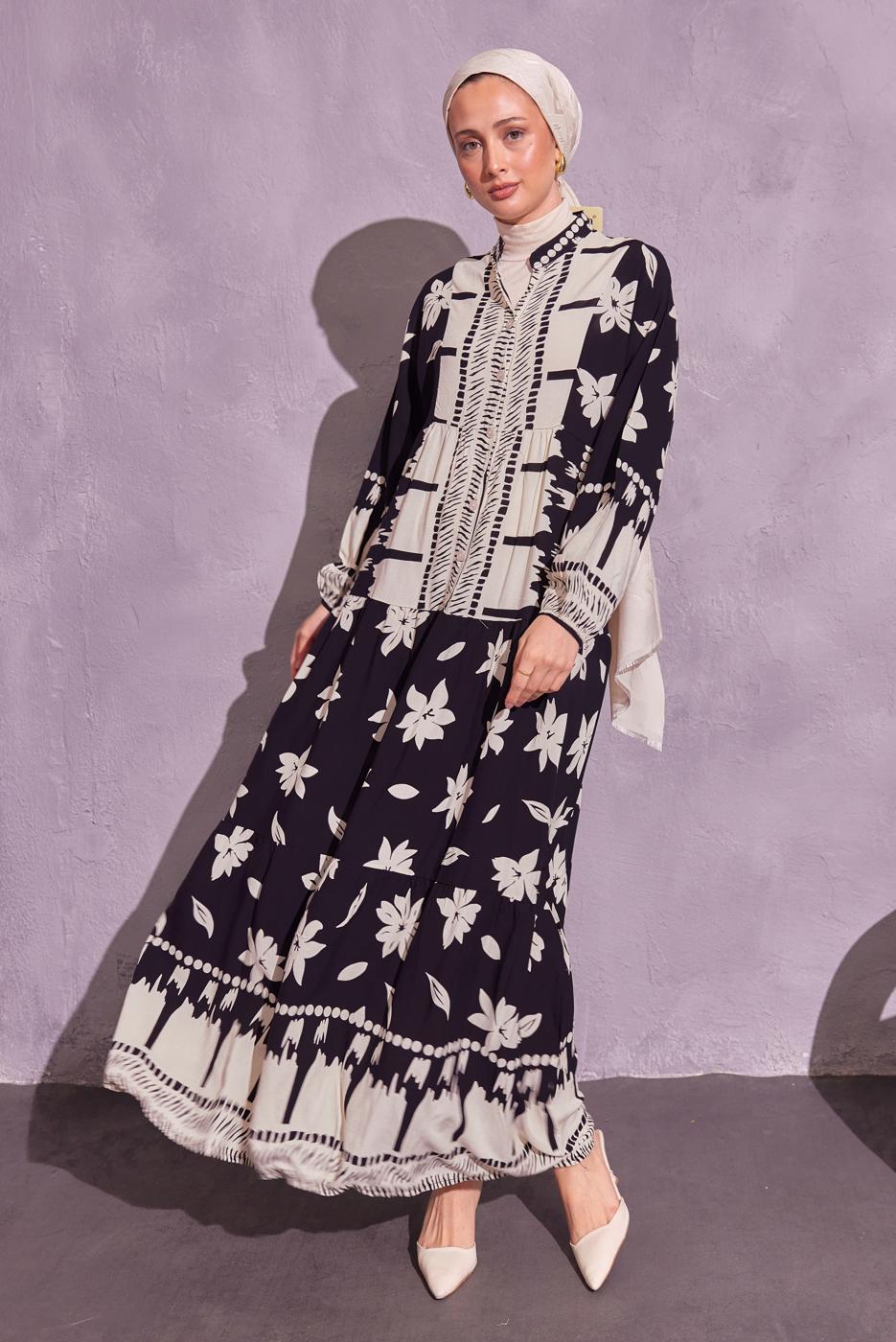Tesettür giyim SİYAH DESENLİ TESETTÜR ELBİSE T 1914